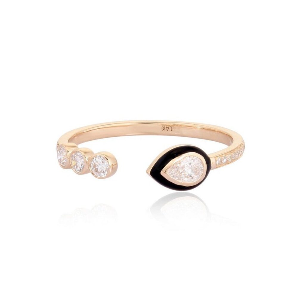 Teardrop Black Enamel White Diamond 14K (or 18k upon request) Open Ring